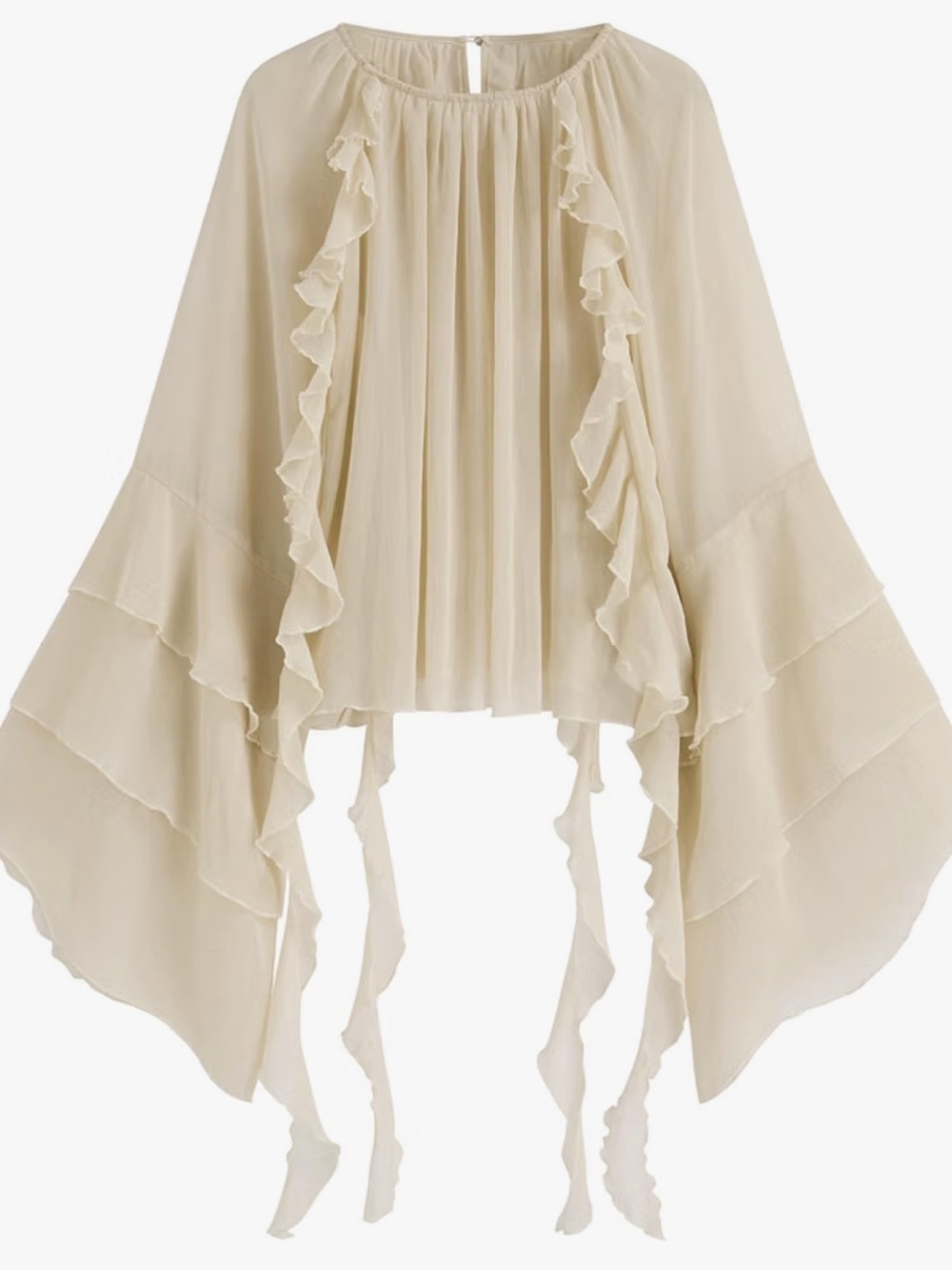 Blouse Dressy Casual Crew Neck See Through Ruffle Hem Bell Sleeve Loose Fit